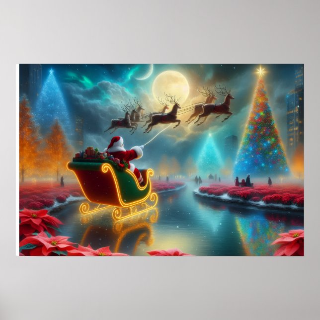 Santa and His Reindeer Flying in the Sky Poster (Framsidan)