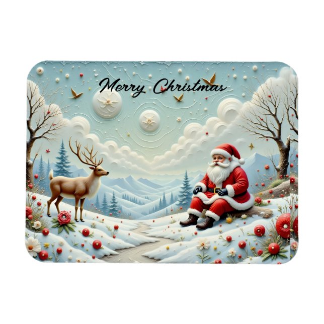 Santa and His Reindeer in Snowy Landscape Magnet (Horisontell)