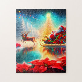 Santa and Reindeer on a Frozen Pond on His Sleigh Pussel