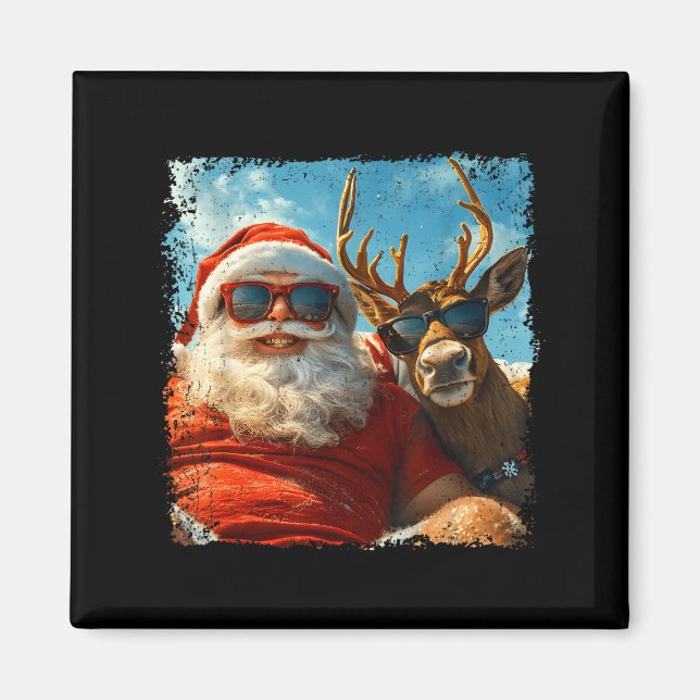 Santa And Reindeer Selfie Funny Christmas Vacation Magnet (Framsidan)