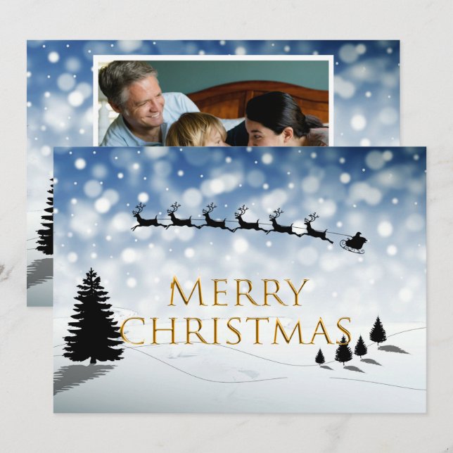 Santa and Sleigh silhouette Snow scene Personalize Julkort (Fram/baksida)