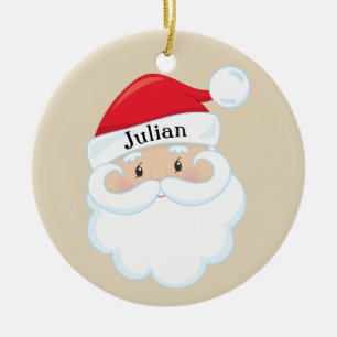 Santa ansikte med namn på locket julgransprydnad keramik