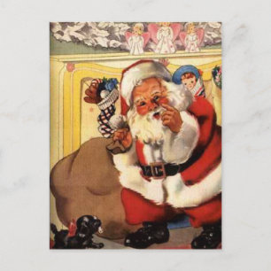 Santa at Fireplace med Puppy Vintage Retro Vykort