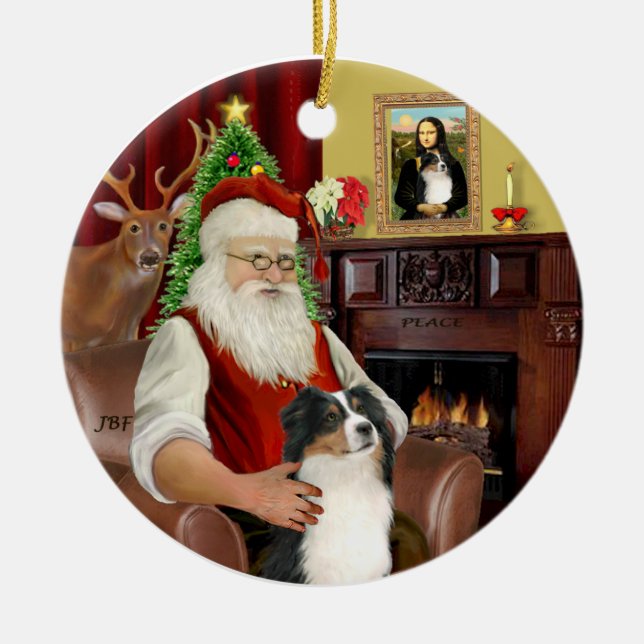Santa-Aussie Shepherd (Tri 2) Julgransprydnad Keramik (Framsidan)