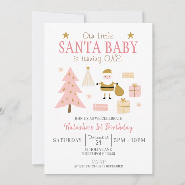 Santa Baby är Turning ONE, Girl Födelsedagsfest Inbjudningar (Framsida)