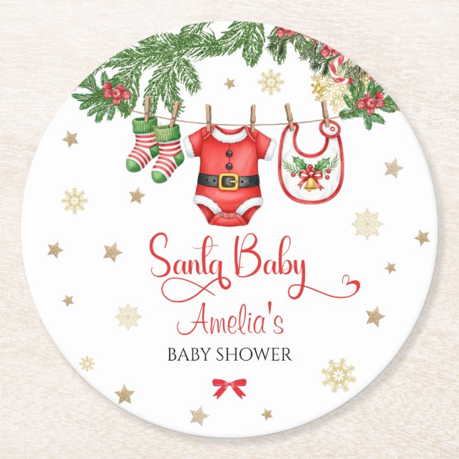 Santa Baby Christmas Baby Shower Decor Underlägg Papper Rund (Framsidan)