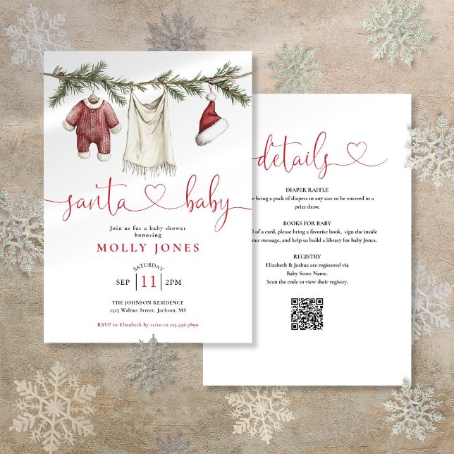 Santa Baby Clothesline all in one Baby Shower Inbjudningar (Santa Baby Clothesline All In One Baby Shower Invitation)