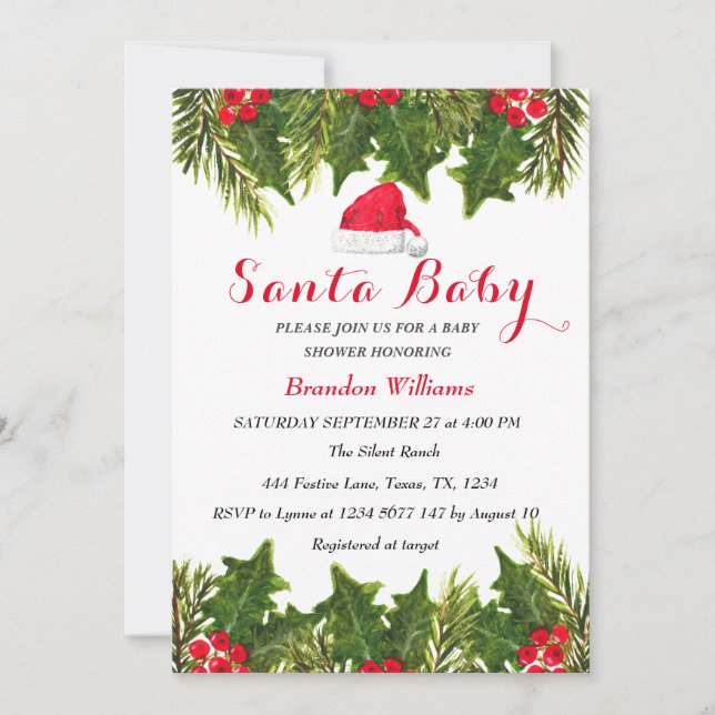 Santa Baby December Winter Red Baby-duschen Inbjudningar (Framsida)