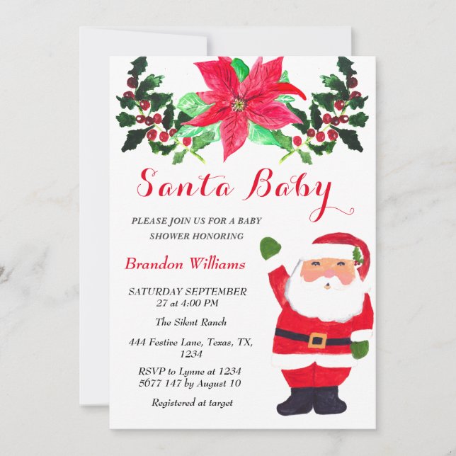 Santa Baby December Winter Red Baby-duschen Inbjudningar (Framsida)