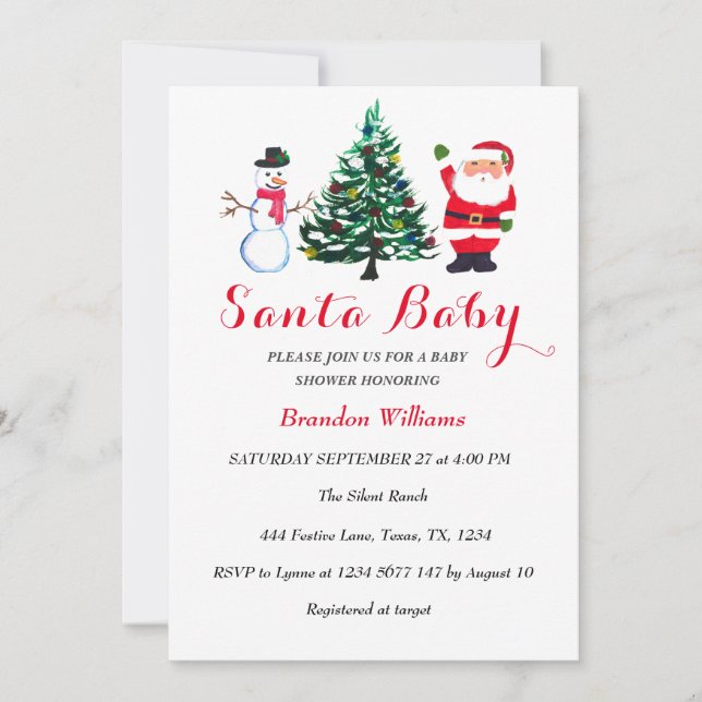 Santa Baby December Winter Red Baby-duschen Inbjudningar (Framsida)