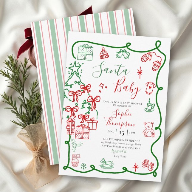 Santa Baby Modern julklappsdocka Bebisdusch Inbjudningar (Santa Baby Modern Christmas Doodle Baby Shower Invitation)