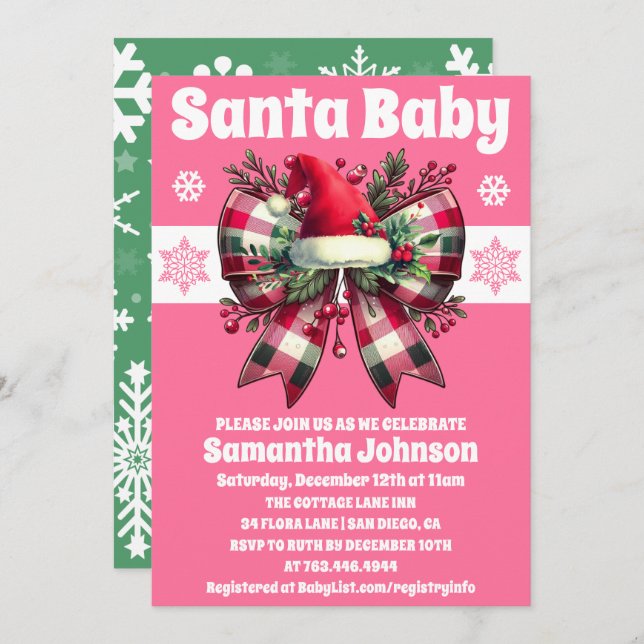 Santa Baby Rosa julkokvett Bow Baby Shower Inbjudningar (Fram/baksida)