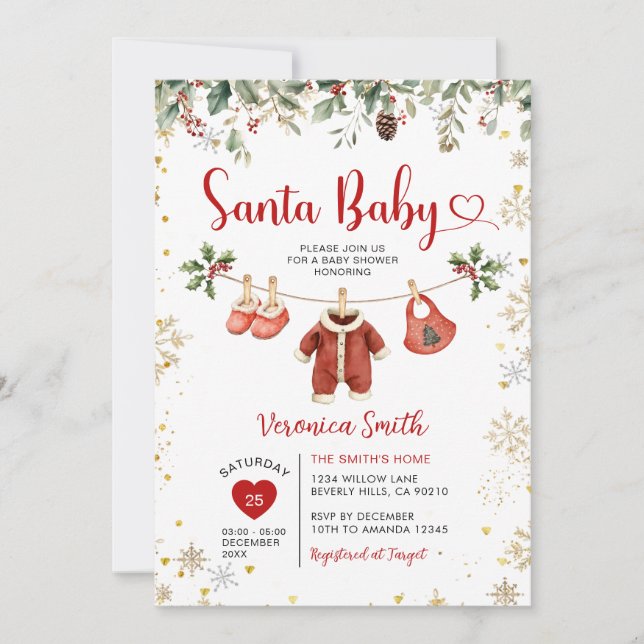Santa Baby Shower Clothesline Christmas Floral Inbjudningar (Framsida)