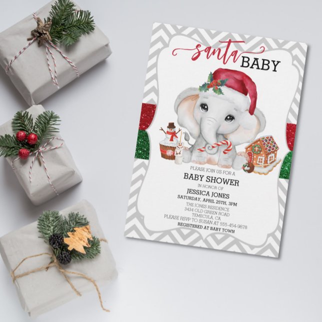 Santa Baby Shower Cute Helgdag Elephant Chevron Inbjudningar (Skapare uppladdad)