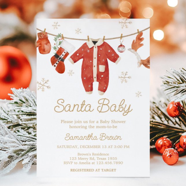 Santa Baby Shower Inbjudningar (Santa Baby Clothesline Christmas Baby Shower Invitation)