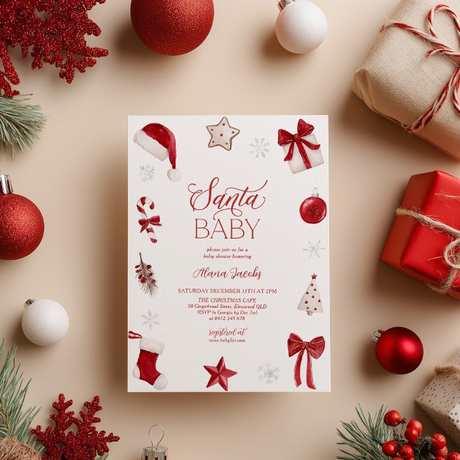 Santa Baby Shower Julfirande  Inbjudningar (Santa Baby! Christmas themed Baby Shower in red and white)