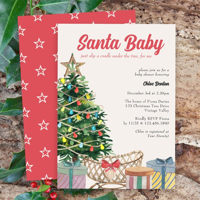 Santa Baby Vintage jul - inbjudan till Baby Shower (Santa Baby baby shower invitation for the holiday season with crib under the christmas tree)