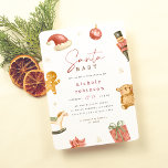 Santa Baby Winter-juljusknappen Baby Shower Inbjudningar<br><div class="desc">Gratulerar till att du kommer att få ditt glada paket med den här roligten och jultomten Baby inbjudan. Den här inbjudan till babydusch innehåller ett känsligt ram i handmålat vattenfärgsfärgen helgdag, inklusive en julhatt, en nötkrackare som är vintage, en pepparkaksgubbe, en roterande häst, en nalle, en gåva inslagen med lite...</div>