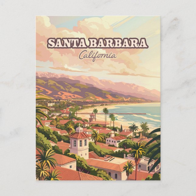 Santa Barbara Beach Central Kusten California Retr Vykort (Framsida)