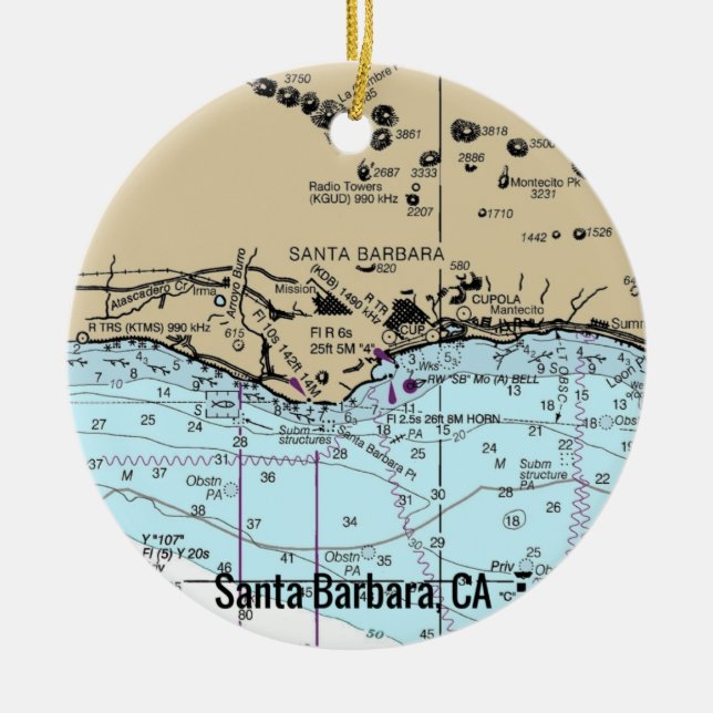 Santa Barbara CA Nautical Chart Julgransprydnad Keramik (Framsidan)