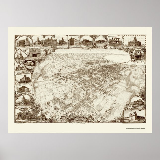 Santa Barbara, CA Panoramic Karta - 1898 Poster (Framsidan)