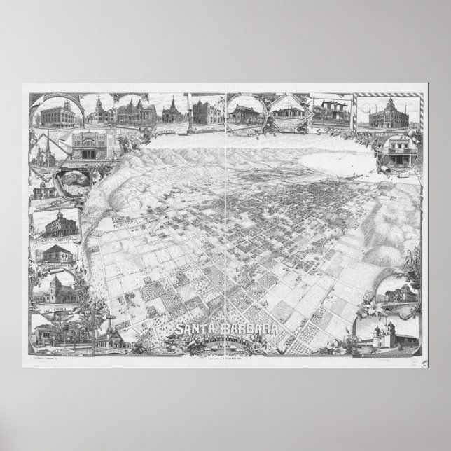 Santa Barbara California 1898 Panoramic Karta Poster (Framsidan)