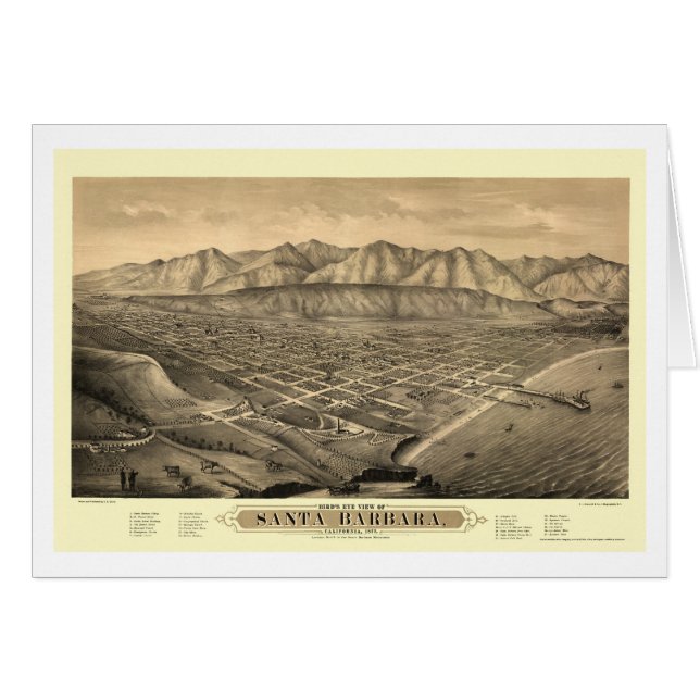 Santa Barbara panorama- karta för CA - 1877 Hälsningskort (Framsidan Horizontal)