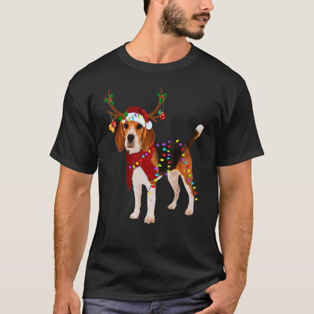 Santa Beagle Reindeer Light jul T Shirt (Framsida)