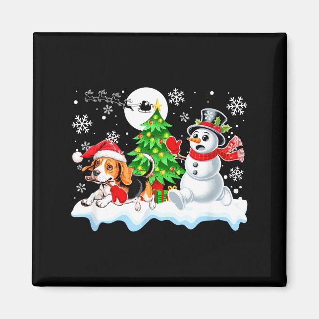 Santa Beagle Snömannen Springande Vänner Jul Egna Magnet (Framsidan)