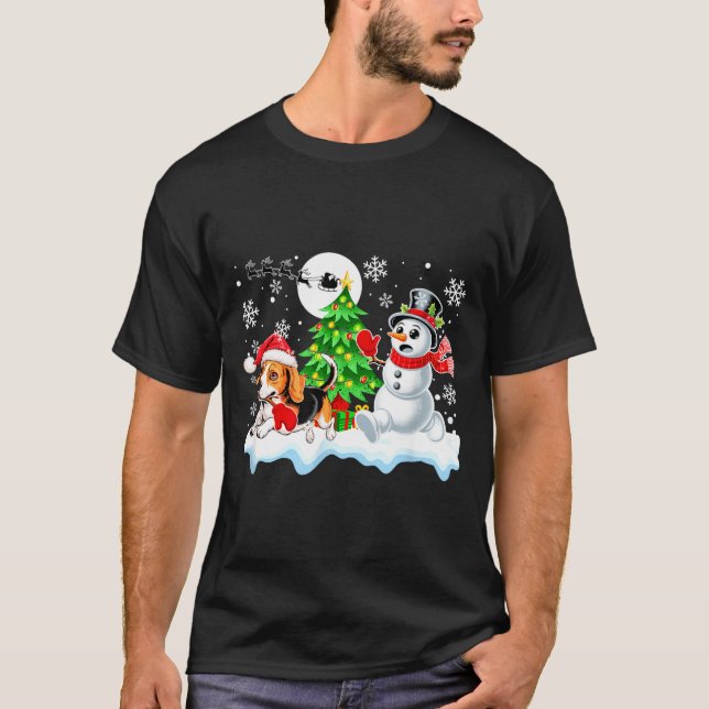 Santa Beagle Snowman Running Friends Christmas Own T Shirt (Framsida)