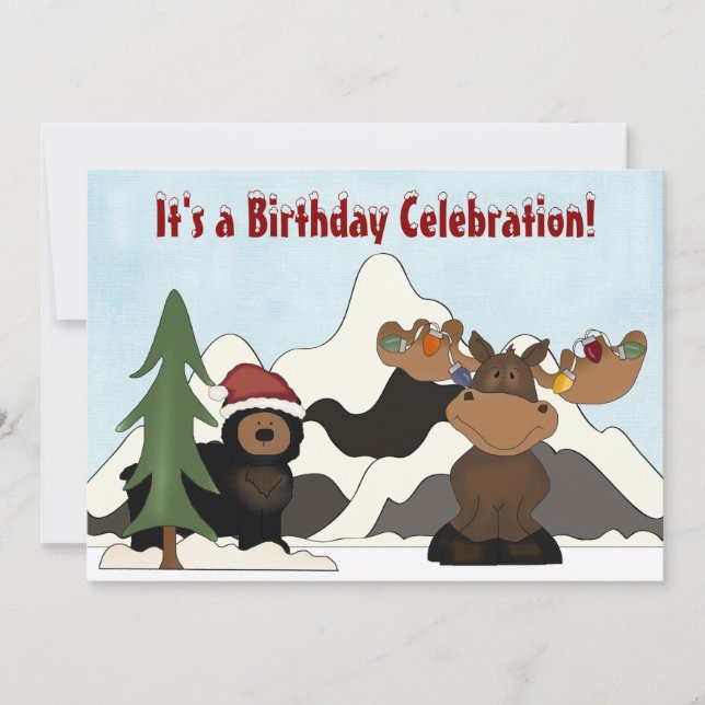 Santa Bear och Helgdag Moose Mountain Birthday Inbjudningar (Framsida)