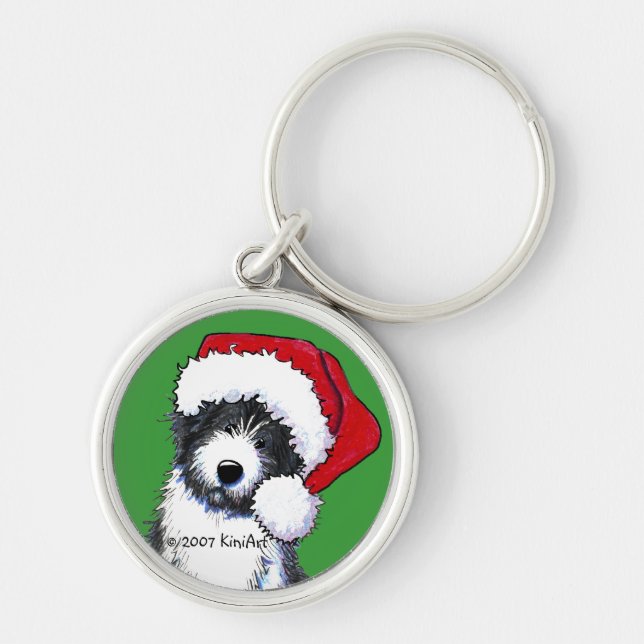 Santa Bearded Collie Gifts Rund Silverfärgad Nyckelring (Framsidan)