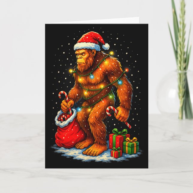 Santa Bigfoot Christmas Lights Funny Sasquatch  Kort (Framsida)