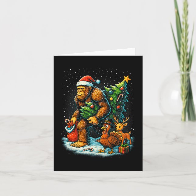 Santa Bigfoot Christmas Tree Turkey Reindeer Thank Kort (Framsida)