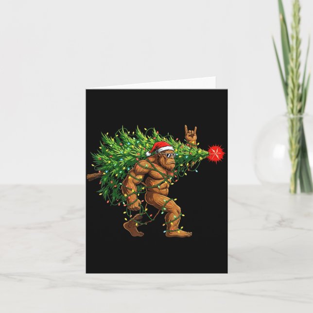 Santa Bigfoot Christmas Tree Xmas Lights Funny Sas Kort (Framsida)