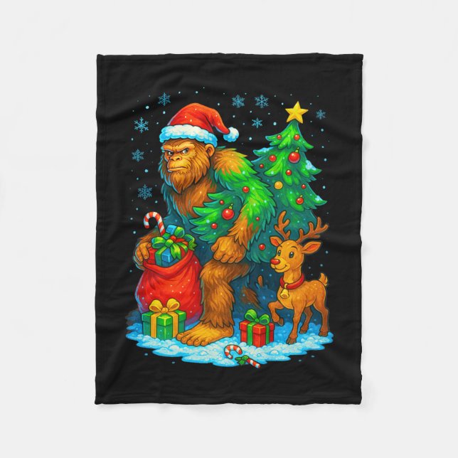 Santa Bigfoot julgran renar rolig Sasqua Fleecefilt (Framsidan)