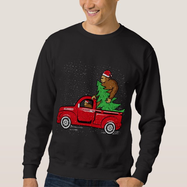 Santa Bigfoot Riding Red Lastbil Sasquatch jul Lång Ärmad Tröja (Framsida)