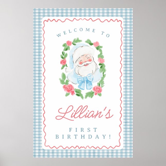 Santa Birthday Sign with Blue Gingham and Roses Poster (Framsidan)