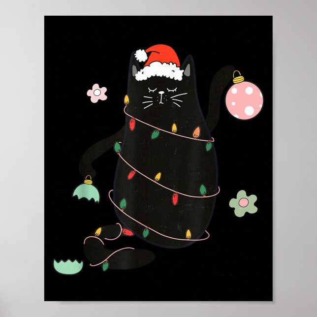 Santa Black Cat Tangled Up In Christmas Tree Light Poster (Framsidan)