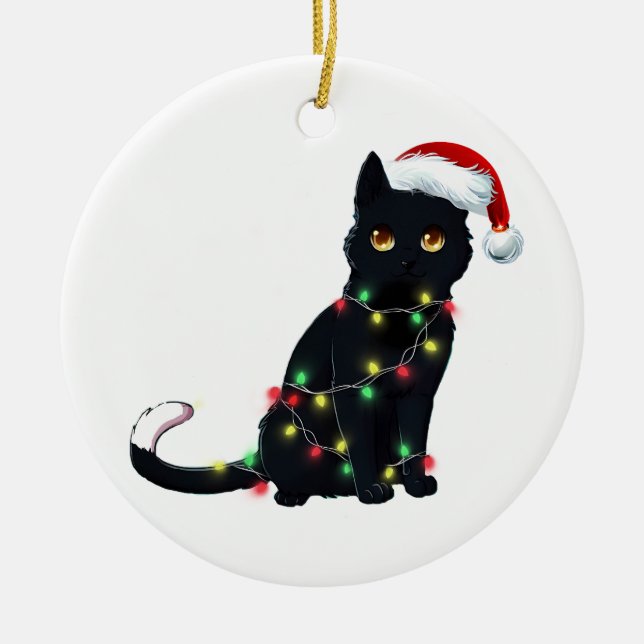 Santa Black-kattan snärjde upp i Julgran Light Julgransprydnad Keramik (Framsidan)