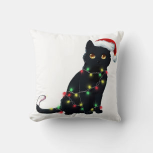 Santa Black-kattan snärjde upp i Julgran Light Kudde