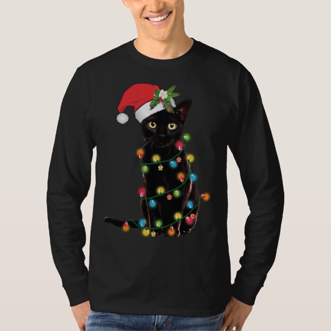 Santa Black-kattan snärjde upp i Julgran Light T Shirt (Framsida)
