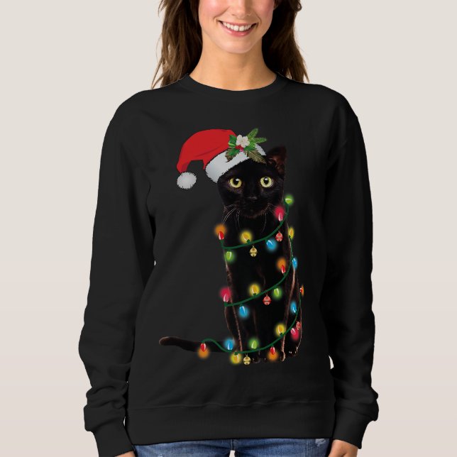 Santa Black-kattan snärjde upp i Julgran Light T Shirt (Framsida)