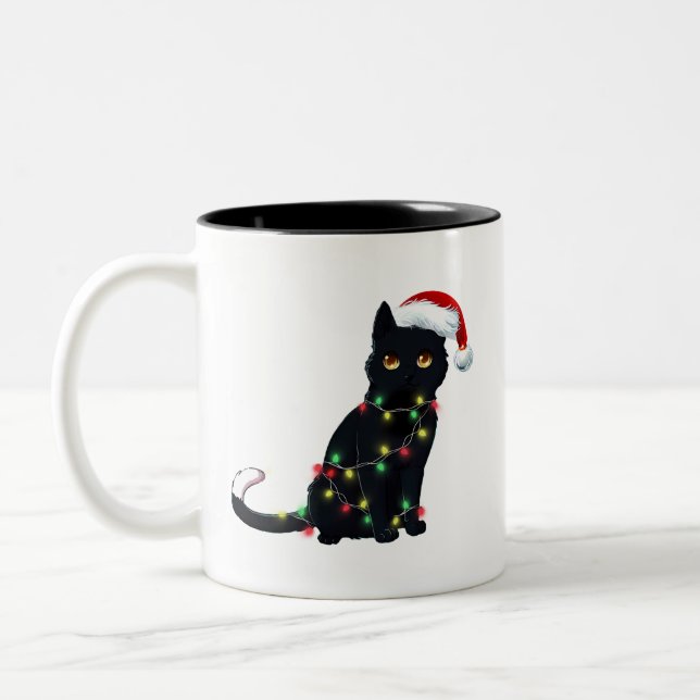 Santa Black-kattan snärjde upp i Julgran Light Två-Tonad Mugg (Vänster)