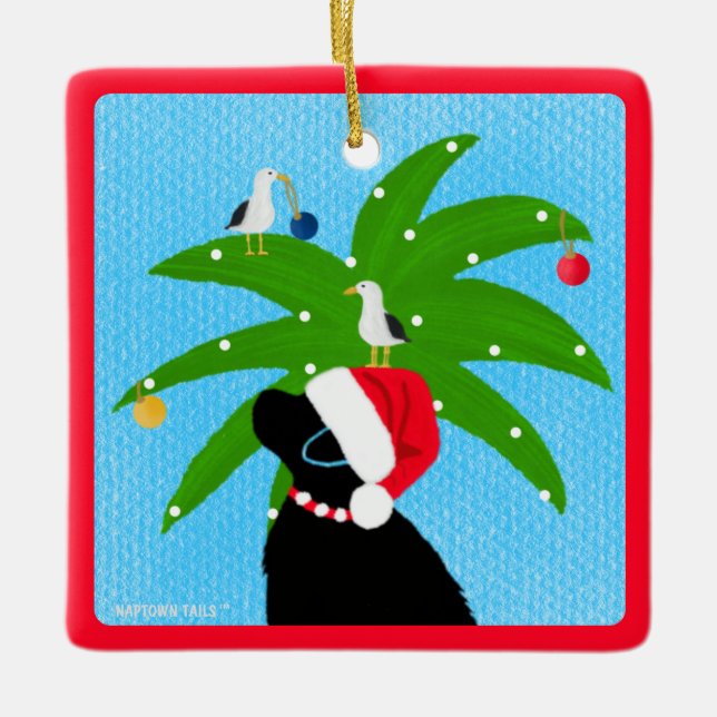 Santa Black Lab som trimmar julpalmen Julgransprydnad Keramik (Framsida)