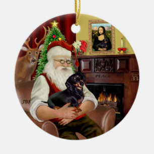 Santa-Black-Tan Dachshund (slätt) Julgransprydnad Keramik