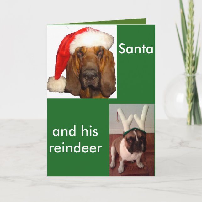 Santa Bloodhound and Reindeer Fransk Bulldog Helgkort (Framsida)