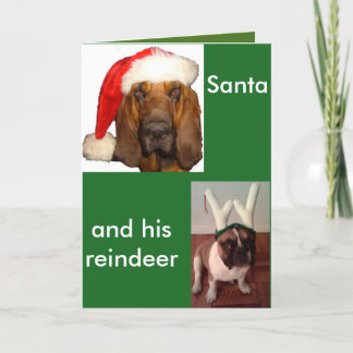Santa Bloodhound and Reindeer Fransk Bulldog Helgkort