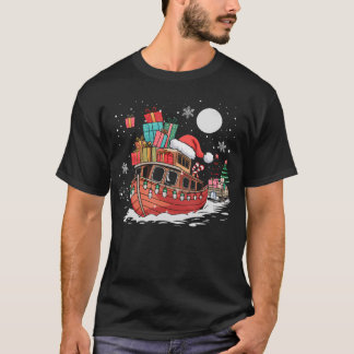 Santa Boat Lights Christmas Driving Xmas Boys Kids T Shirt