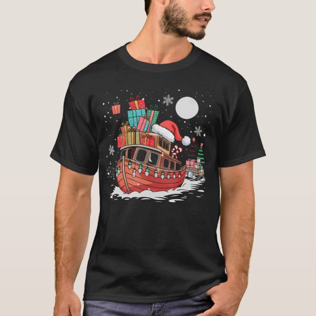 Santa Boat Lights Christmas Driving Xmas Boys Kids T Shirt (Framsida)